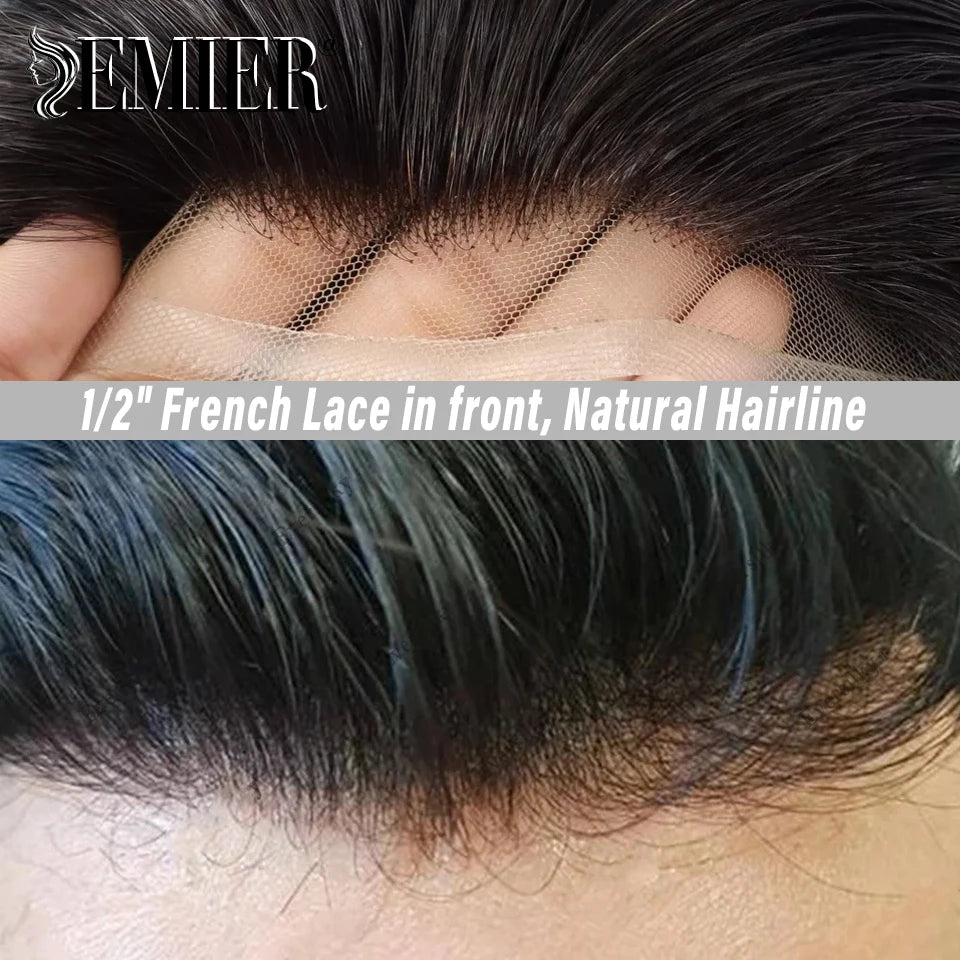 Full Head Wig For Men 6" Natural Straight Fine Mono With Pu Cap Men Wig 1/2" French Lace in Front Indian Human Hair Wig For Men