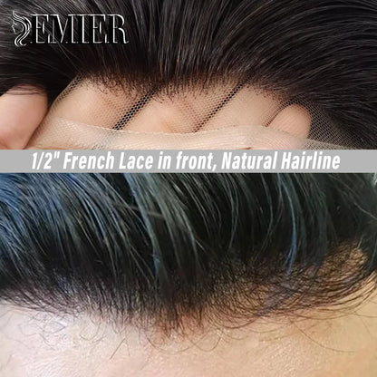 Full Head Wig For Men 6" Natural Straight Fine Mono With Pu Cap Men Wig 1/2" French Lace in Front Indian Human Hair Wig For Men