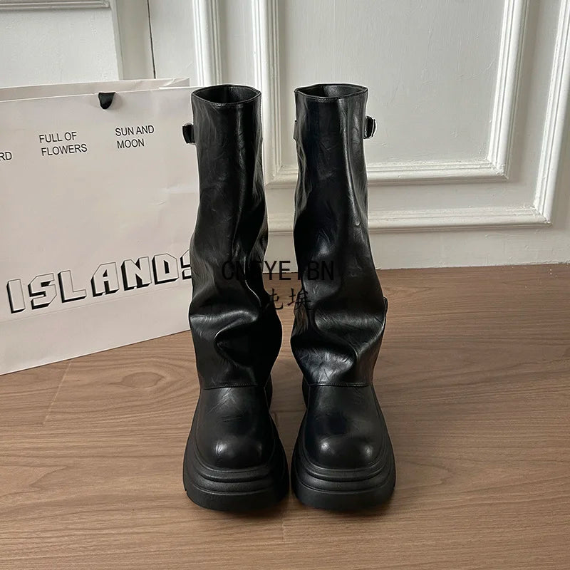 Women Double Buckle Slouch Knee High Boots Round Toe Platform Thick Sole Leather Tall Boots Street Casual Daily Ladies Boots