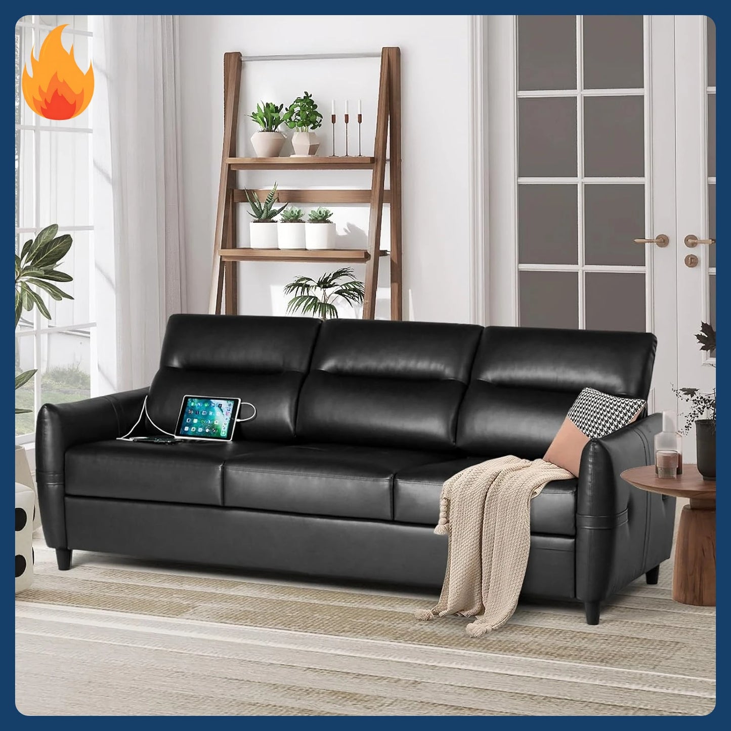[New Arrival!]85” Black Faux Leather Couch with USB, 3 Seater Sofa Couches for Living Room, Large Mid Century Modern Office Apar