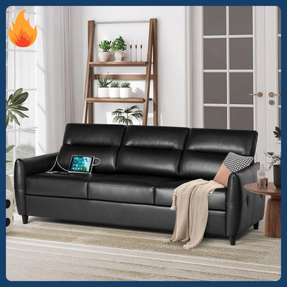 [New Arrival!]85” Black Faux Leather Couch with USB, 3 Seater Sofa Couches for Living Room, Large Mid Century Modern Office Apar