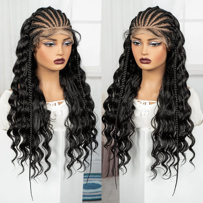 28inch 13x6 Transparent Lace Front Natural Deep Wave Hair Wigs with Cornrow Braids Synthetic Curly Brazilian Hair Wig for Women