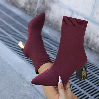 Women Fashion Ankle Boots Autumn Pointy Solid Color Stretch Knitted Sock Boots Women Chunky Slip on Plus-size Shoes for Women