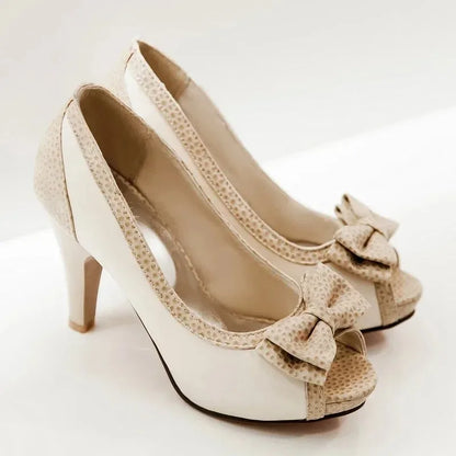 Women's Pumps Shoes High Heels Dress Pump Peep Toe Sweet Bowtie Nude Blue Working Party Wedding Shoes Female 2025 Spring