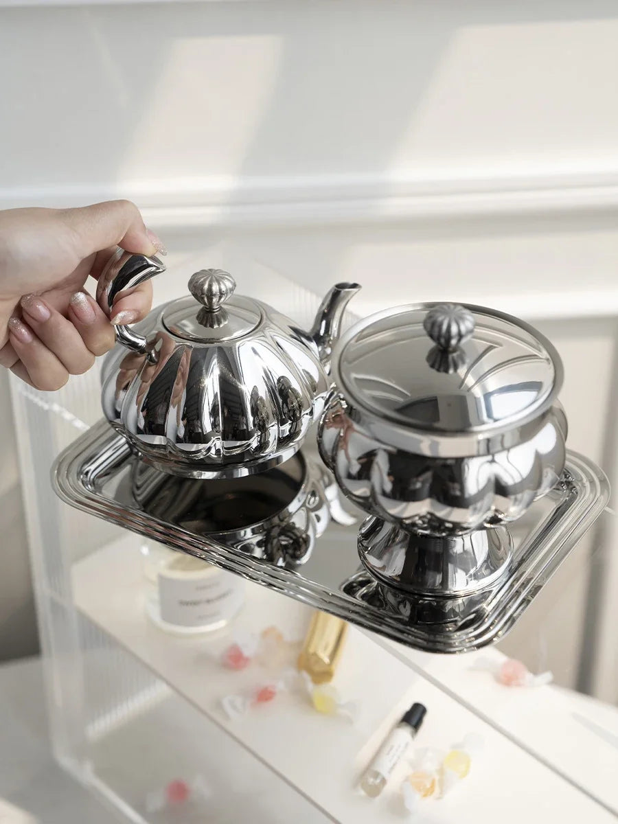 Nordic Luxury Stainless Steel TeaPot, Retro Sugar Bowl, Coffee Candy Jar with Lid for Home Decoration, Afternoon Tea, Holtel