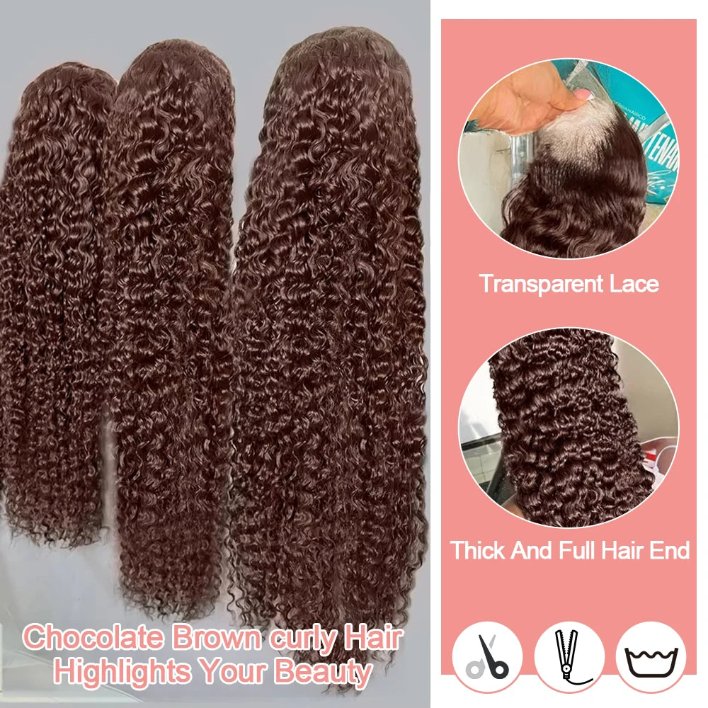 Deep Curly Human hair Wigs Chocolate Brown 13x4 13x6 Hd Lace Frontal Wig Colored Water Wave Lace Front Wig For Women 30 36 Inch