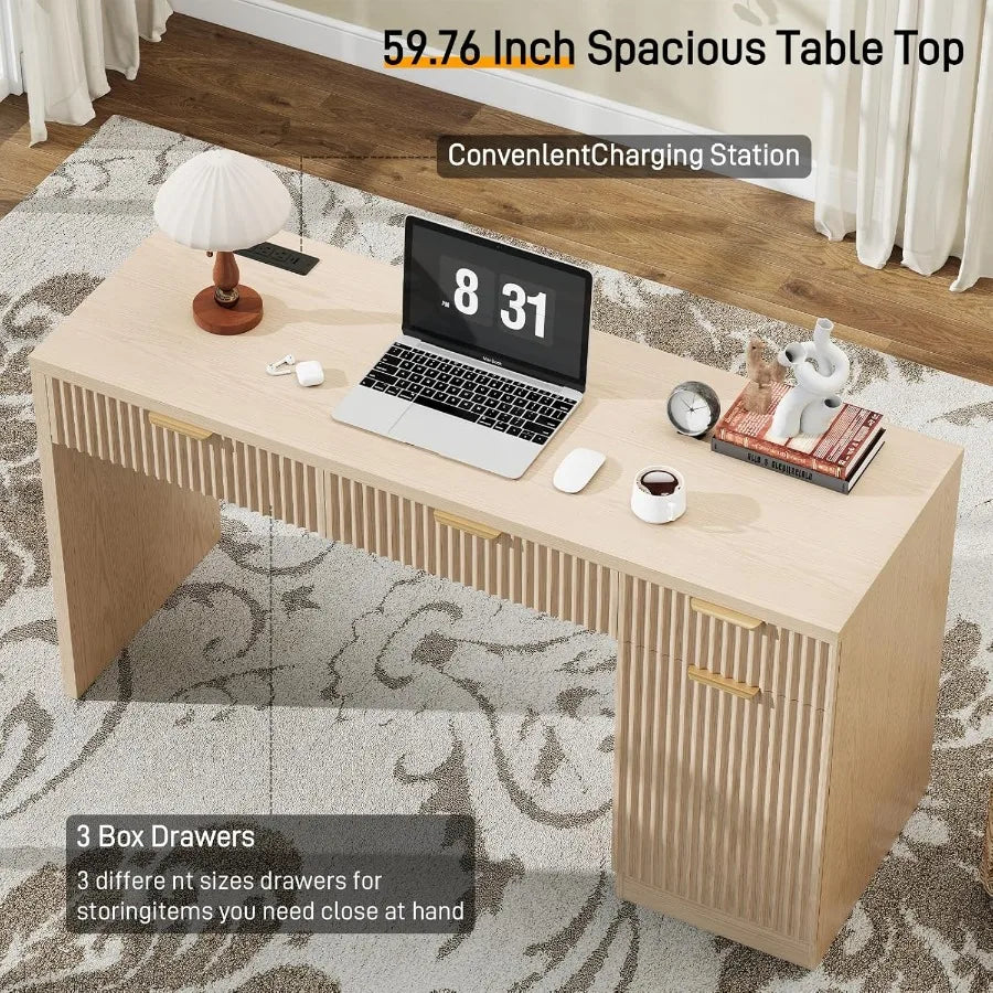 60 Executive Desk with Fluted Drawers Wood Home Office Desk with Storage Cabinet Charging Station Fluted Computer Writing Desk