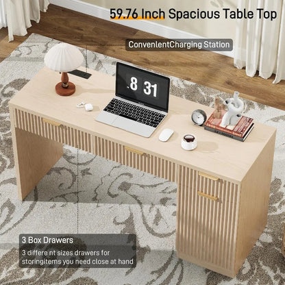 60 Executive Desk with Fluted Drawers Wood Home Office Desk with Storage Cabinet Charging Station Fluted Computer Writing Desk