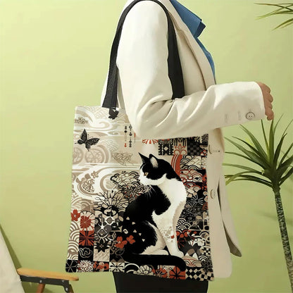 Classic Black And White Cat Tote Bag With Cat Print, Reusable Shoulder Shopping Beach Bag For Women, Durable Casual Carryall