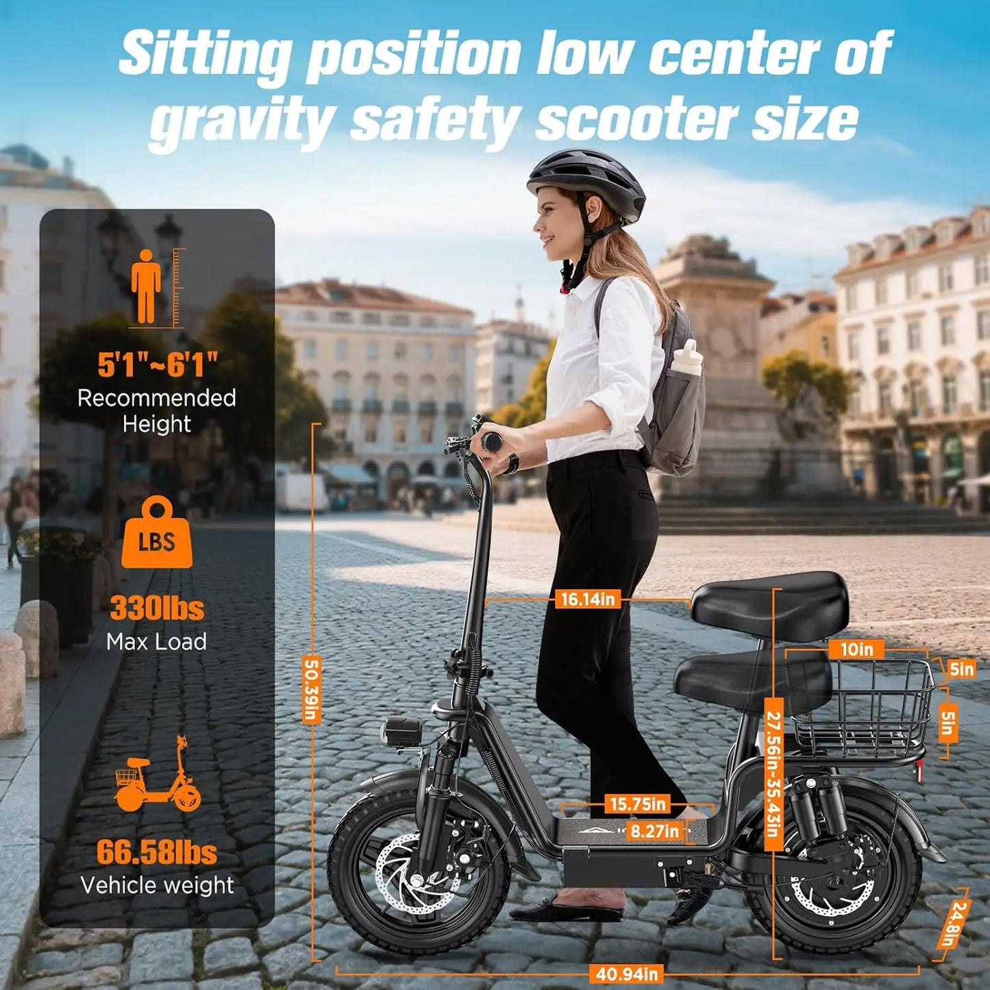 INSDRGNC14 adult electric bicycle foldable with seat electric scooter900W20MPH double disc brake high-strength frame load 300lbs