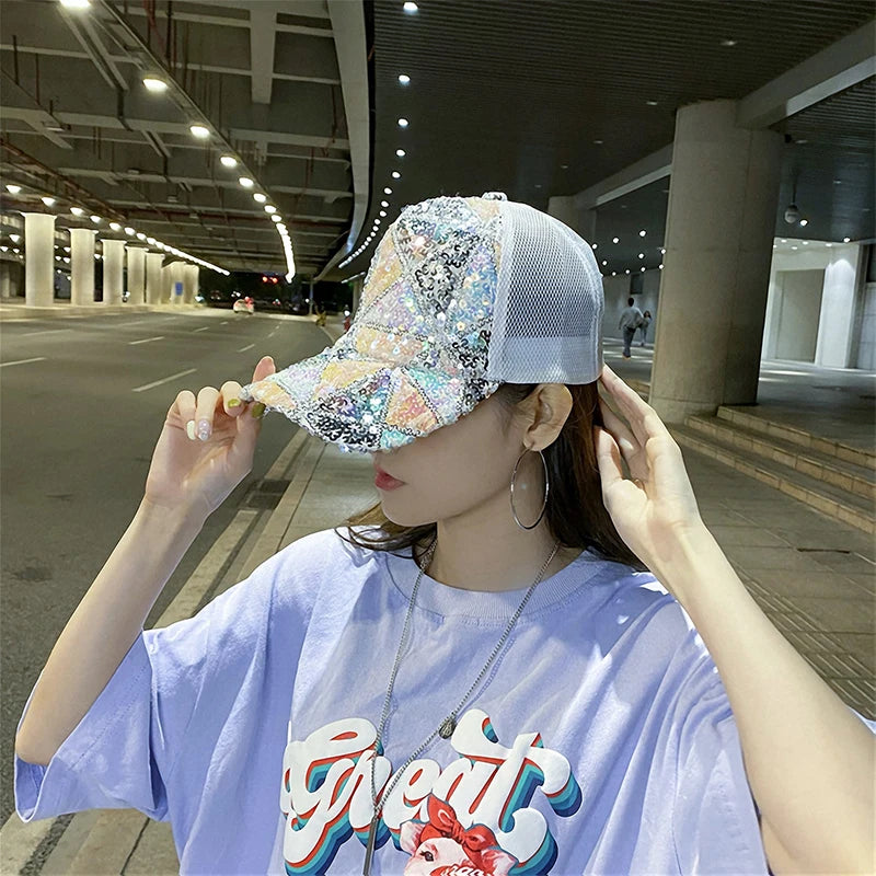 Summer Shiny Sequin Back Mesh Adjustable Cotton Baseball Cap Sun Hat