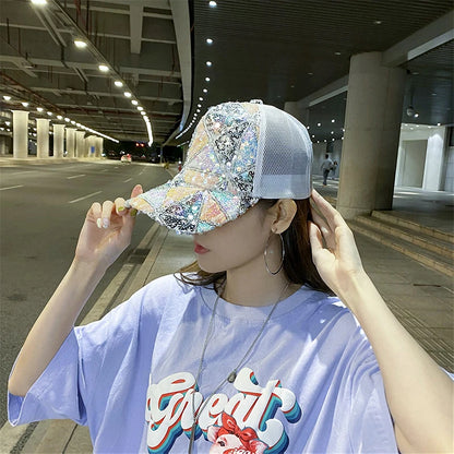 Summer Shiny Sequin Back Mesh Adjustable Cotton Baseball Cap Sun Hat