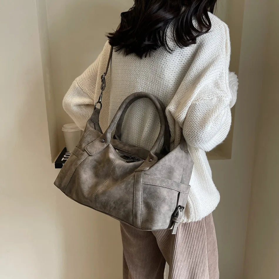 Retro Distressed Suede Texture Boston Hobo Bag Large Capacity Tote Handbag Shoulder Crossbody Bag for Women Daily Commute Trave