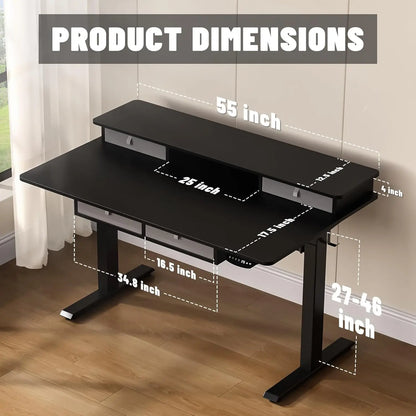 55 * 30 Inches Electric Standing Widened Desk Adjustable Height with 4 Drawers, Double Storage Shelves Stand Up, Customized
