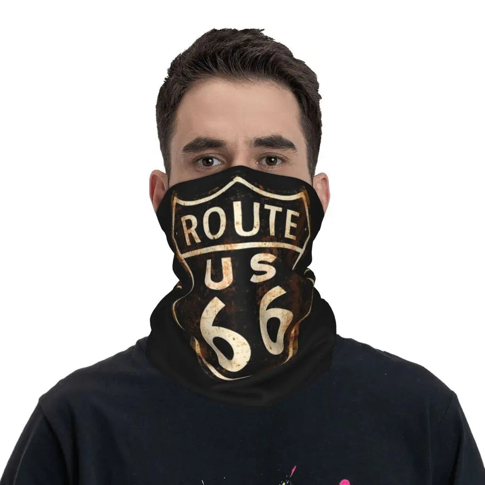 Custom Travel Motorcycle Ride Route 66 Bandana Winter Neck Warmer Windproof Wrap Face Scarf for Hiking Highways Gaiter Headband