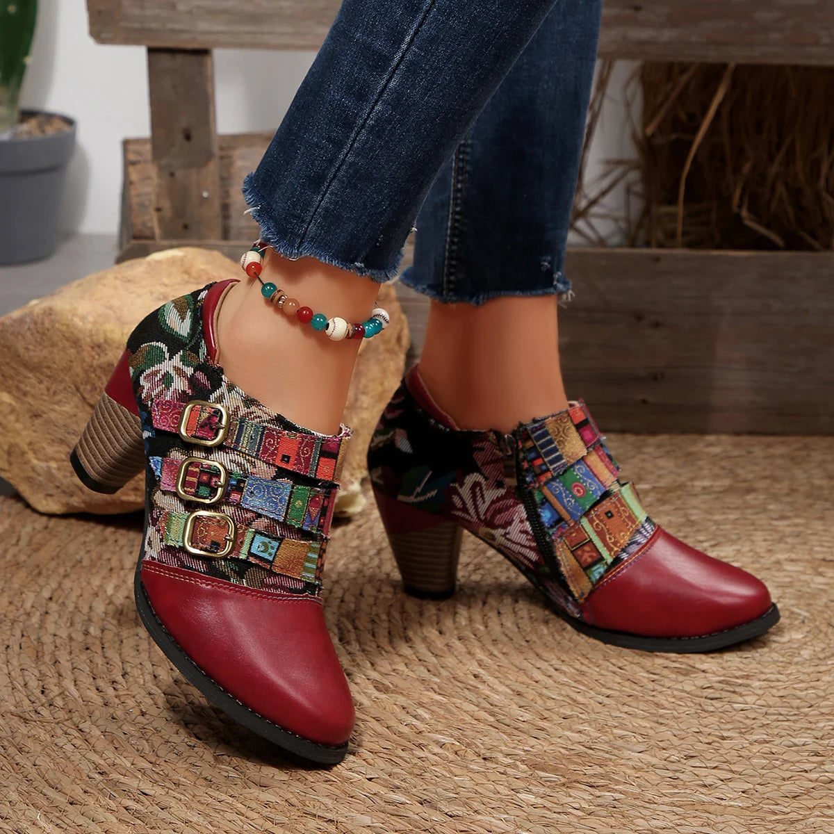 Women's Spring & Fall Short Boots, Bohemian Fashion Splicing Retro Short Boots, Casual Printed Western Leather Boots, Side Zippers, Suitable for Daily Commuting, Vacation, Parties