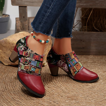 Women's Spring & Fall Short Boots, Bohemian Fashion Splicing Retro Short Boots, Casual Printed Western Leather Boots, Side Zippers, Suitable for Daily Commuting, Vacation, Parties