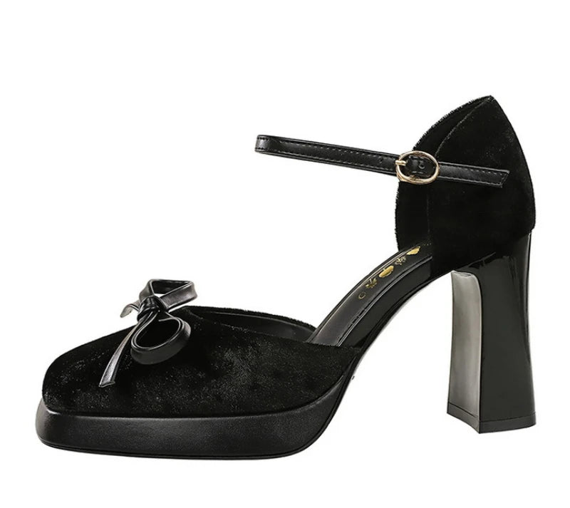 Velvet Platform Ankle Strap High Heels With Bow Block Heel Party Prom Evening Formal Comfortable Thick Heel Closed Toe Sandals