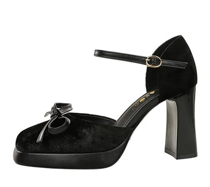 Velvet Platform Ankle Strap High Heels With Bow Block Heel Party Prom Evening Formal Comfortable Thick Heel Closed Toe Sandals