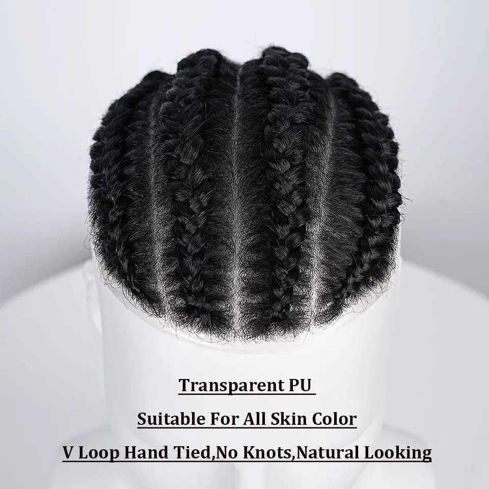 Cornrow Box Braided Men Toupee Human Hair Skin Full PU Hairpiece Breathable Replacement Hair System Prosthesis For Men Patch Wig