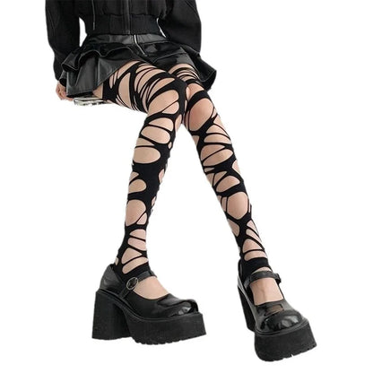 Long Tube Trend Irregular Goth Punk Le Meat Babes Subculture Black Ripped Stockings Leggings Mesh Socks