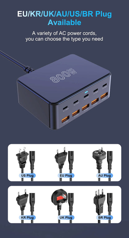800W USB C GaN Charger 100W PD3.0 PPS QC3.0 Multiport Fast Charging Station for iPhone 15 16 Samsung Macbook Pro Laptops Tablets