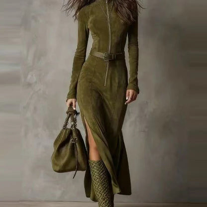 Casual O-neck Long Sleeve Suede Party Dress Elegant Side Split Solid Slim Long Dress Women Fashion With Belt Tie-Up Maxi Dress
