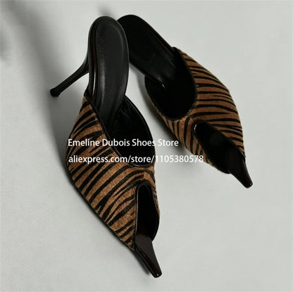 Zebra Print Faux Pony Hair Cutout High Heel Sandals Women Pointed Toe Slip on Stilettos Mules Sexy Party Ladies Dress Sandals