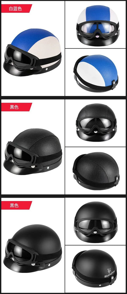Retro Leather Half Helmet with Ear & Neck Protection - All-Season Cycling Safety Helmet