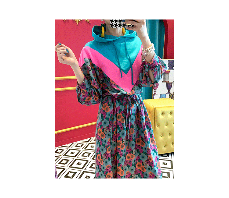 Chic Retro Floral Print Hooded Long Sweater Dr Women's High Waist Color Blo Waisand Casual Comfortable Autumn Dr