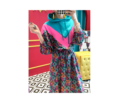 Chic Retro Floral Print Hooded Long Sweater Dr Women's High Waist Color Blo Waisand Casual Comfortable Autumn Dr