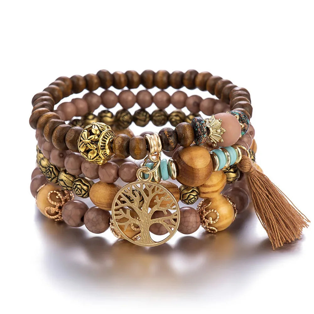 4Pcs/Set Boho Wooden Beaded Bracelet Set For Women Tree Of Life White Tassels Charm Elastic Chain Bangle Lady Bohemia Jewelry