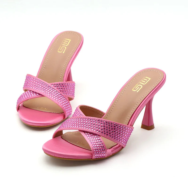 Rhinestone Slippers For Woman 2025 New Elegant Party Shoes Summer Thin High Heeled Slides Fashion Women Sandals Zapatos Mujer