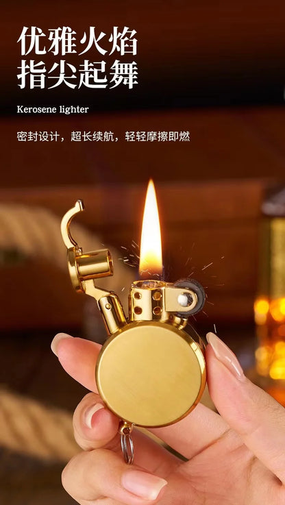 New Retro Round Kero sene Lighter Creative Metal Windproof Flame Lighter Gold and Silver Oil Lighter Smoking Accessories Tool