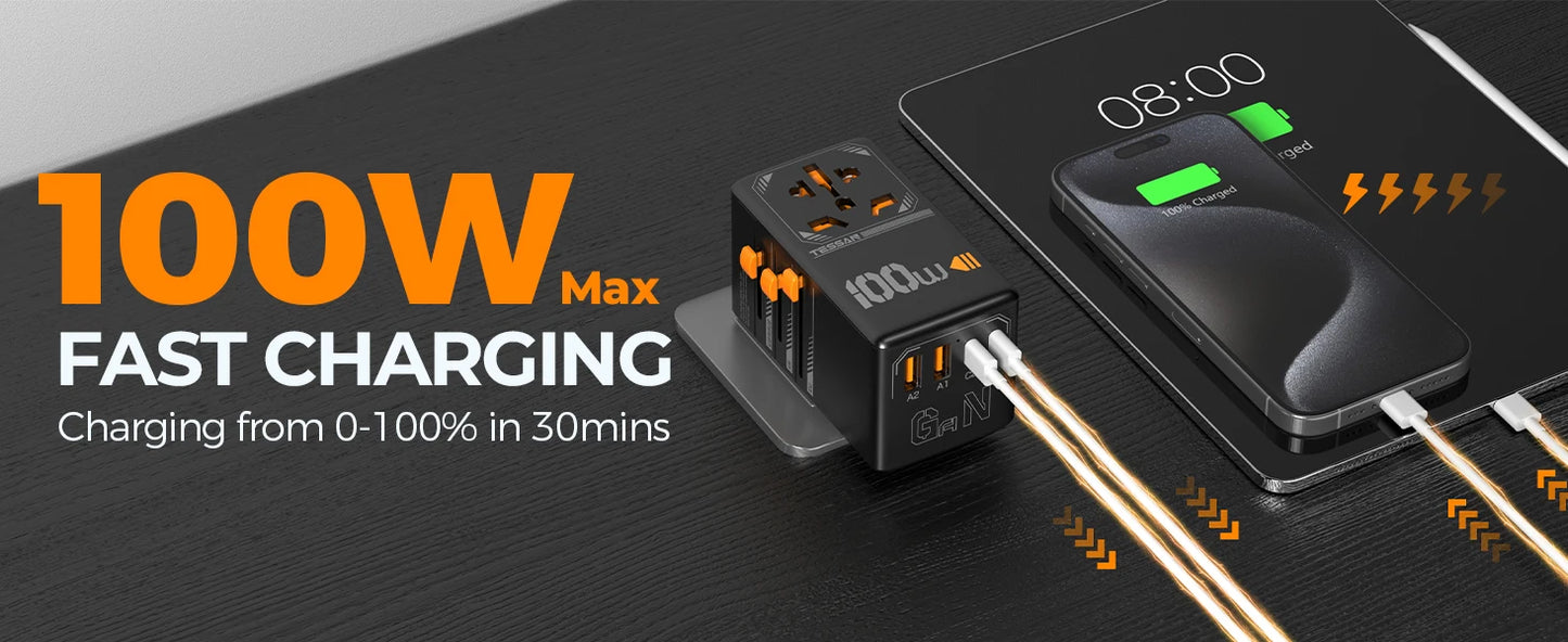 TESSAN 100W GaN Universal Travel Adapter with USB &Type C Fast Charging International Plug Adapter EU/UK/USA/AUS Plug for Travel