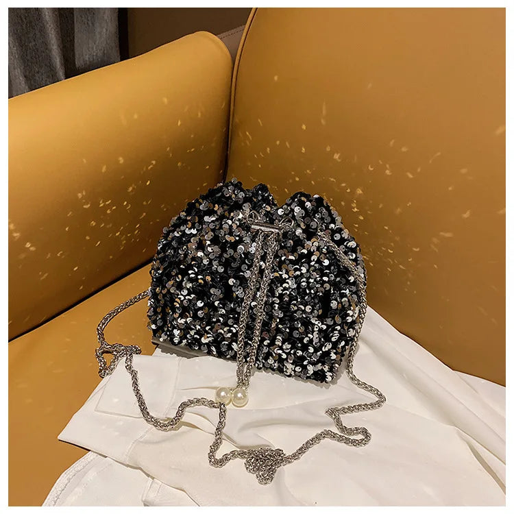 Good-looking Personality Sequin Women's New Korean Bucket Bag Bright Eyes Style Fashion Crossbody Dinner Single Shoulder Bags