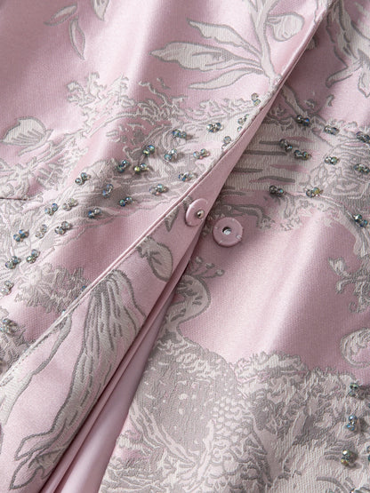 Luxury Beaded Pink Chinese Style Women's Top 2025 Loose Shoulder Embroidery Jacquard Elegant Fashion Blouse Outerwear