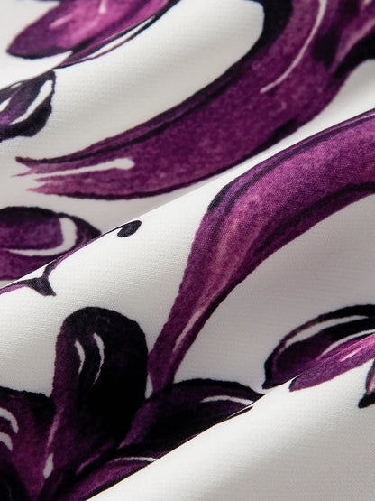 Women Purple Blue and White Porcelain Print Dress Beaded Short Sleeve Loose Straight Summer Casual Midi Dress 2026