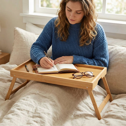 Portable Multifunctional Bamboo Bed Tray Table with Folding Legs Breakfast in Bed Tray for Sofa Serving Eating Working Reading