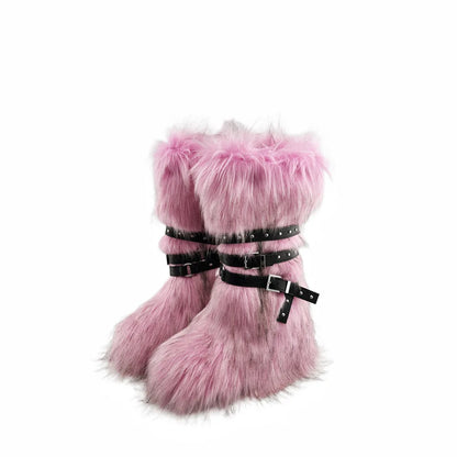 Faux Fur Knee-High Boot Round Toe Height Increasing Wild Winter Warmer Belt Buckle Slip-On Fashion Luxury Sexy Women Shoe Newest