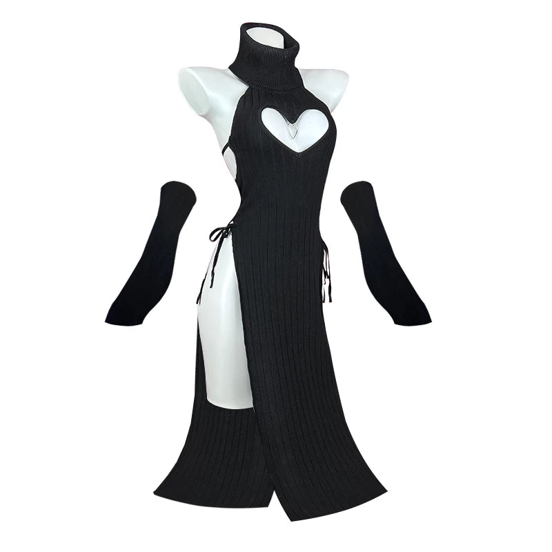 KORURACLUB Sexy Women heart Turtleneck sweater Soft knitted cheongsam long Backless dress