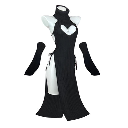 KORURACLUB Sexy Women heart Turtleneck sweater Soft knitted cheongsam long Backless dress