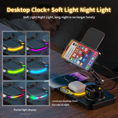 7-in-1 Wireless Charger Station 15W Foldable Fast Charging Alarm Clock Night Light for iPhone 17 16 15 14 Apple Watch AirPods