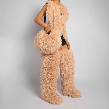 Spice Girl Solid Color Plush Women's Shoulder Bags Exquisite Handle Female Handbag Casual Versatile Furry Ladies Messenger Bag