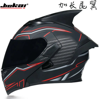 JIEKAI Motorcycle Flip Up Helmet Personality Horn Tail Motorbike Motocross Shark Moto Helmet Technology Design Full Face Casco