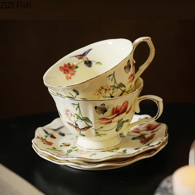 Flower and Bird Patterns Ceramic Cup&saucer Dining Table Coffee Mug Milk Cups Afternoon Tea Teacup Fruit Juice Container