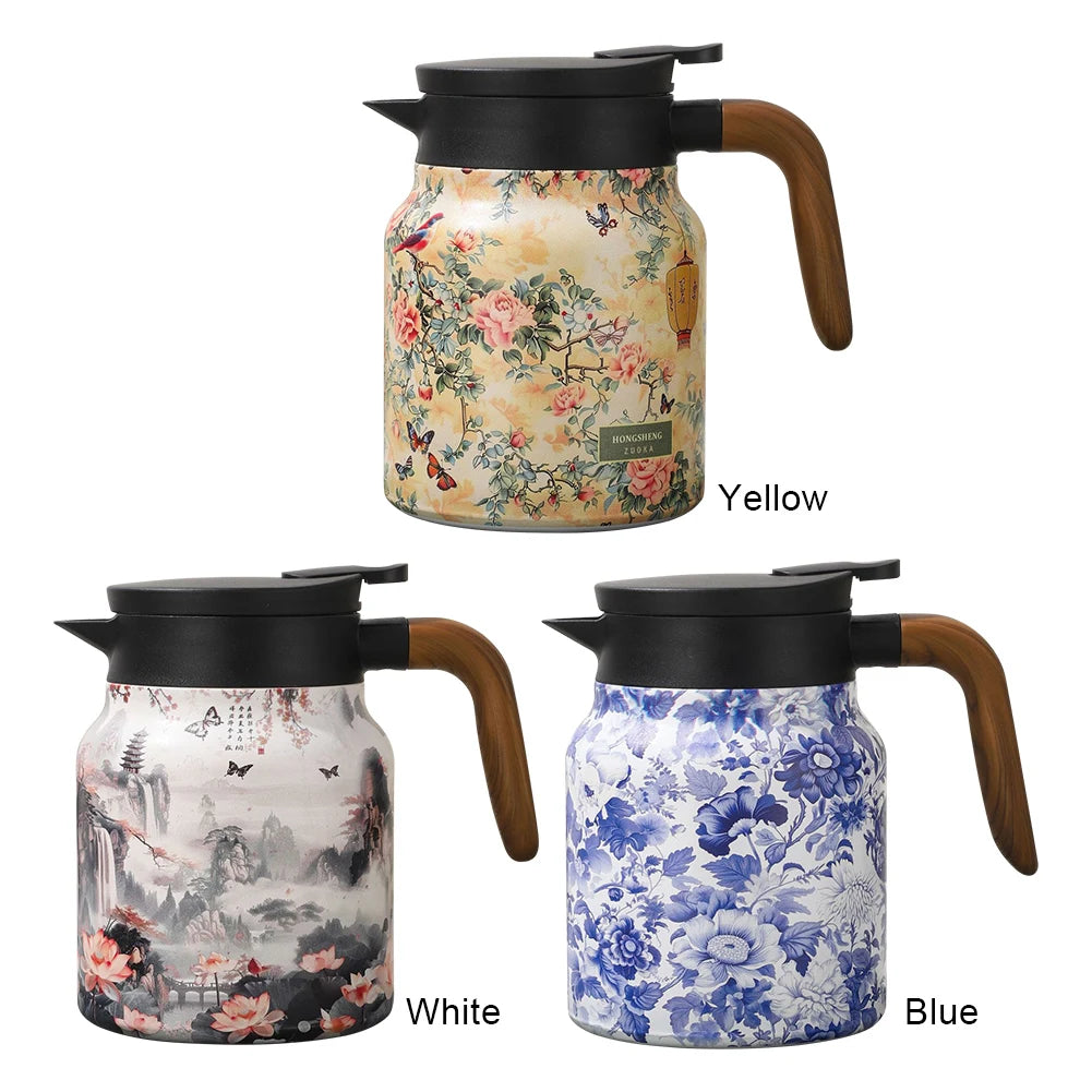 1000ml Vintage Floral Tea Thermos Stainless Steel Tea Kettle Drip-Proof Tea Pot With Tea Infuser Mini Thermo Coffee Pot