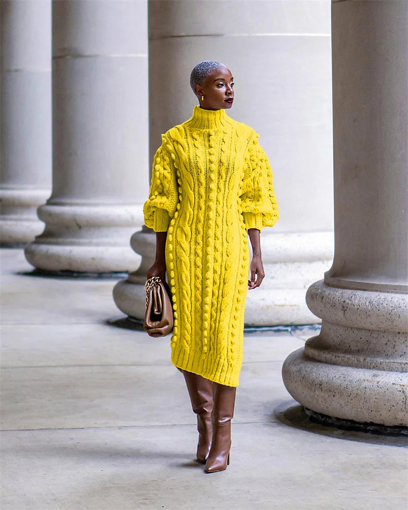 Streetwear Turtleneck Sweater Dress Women Autumn Winter Long Sleeve Elegant Ribbed Knitted Stretchy Warm Party Club Midi Dresses
