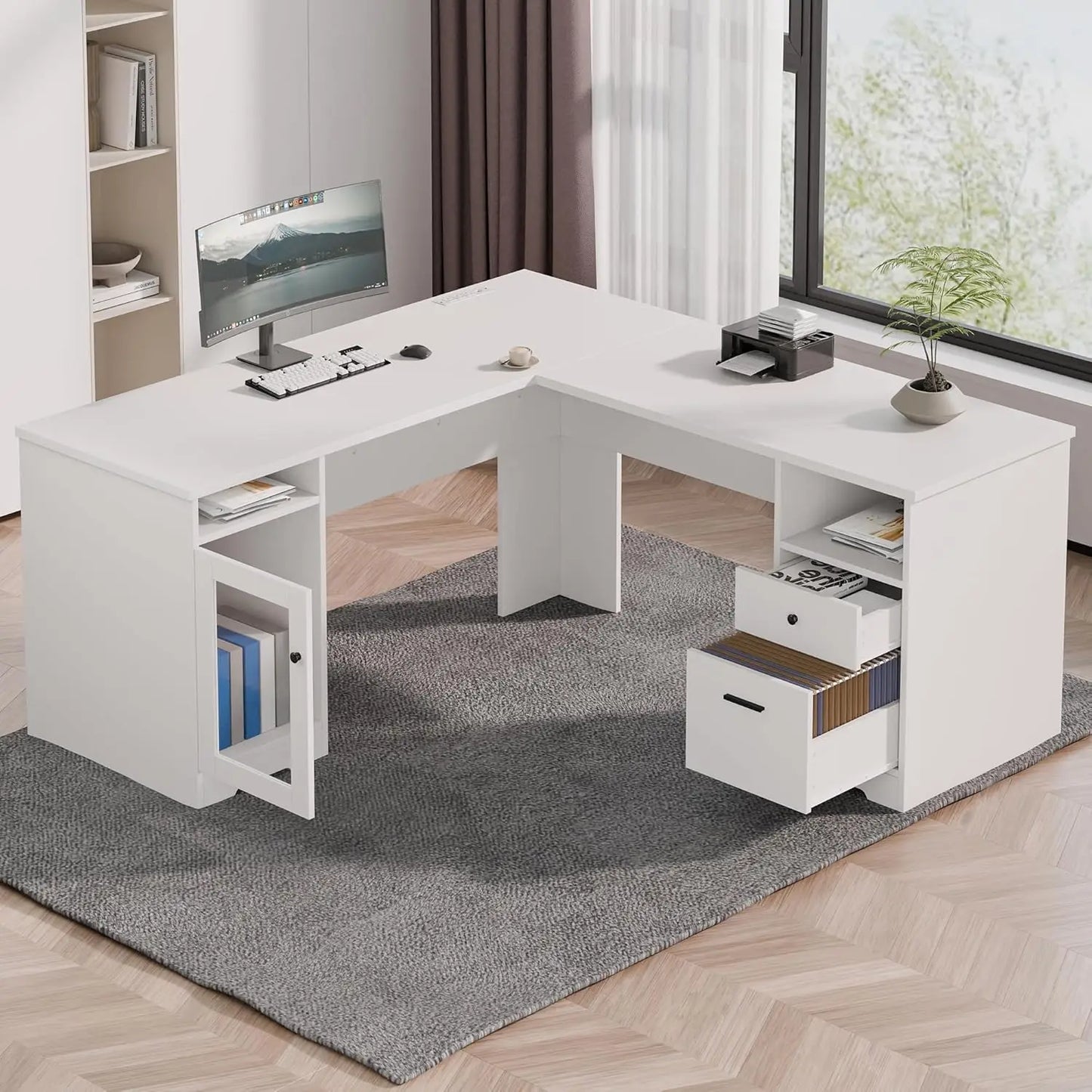 L Shaped Desk with File Cabinet, Corner Computer Desk with Storage Drawers, Large Home Office Table with Power, Customized