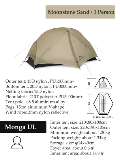 Naturehike Mongar Tent Camping Tent 2 Person Ultralight Professional Waterproof & Windproof Backpack Tent 20D Nylon Travel Tent